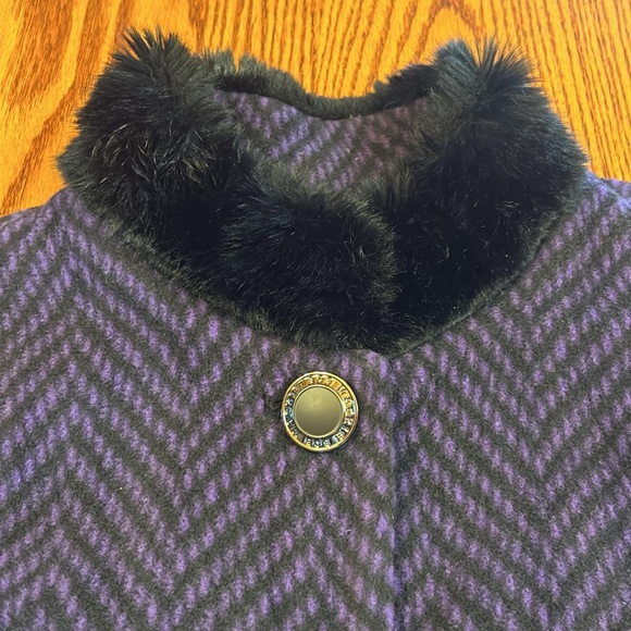 Bob Mackie Wearable Art Purple & Black Herringbone Fleece Coat w Faux Fur Collar - Picture 2 of 10